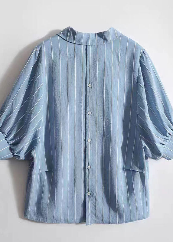 DIY Blue Striped Peter Pan Collar Patchwork Silk Shirt Top Summer Ada Fashion