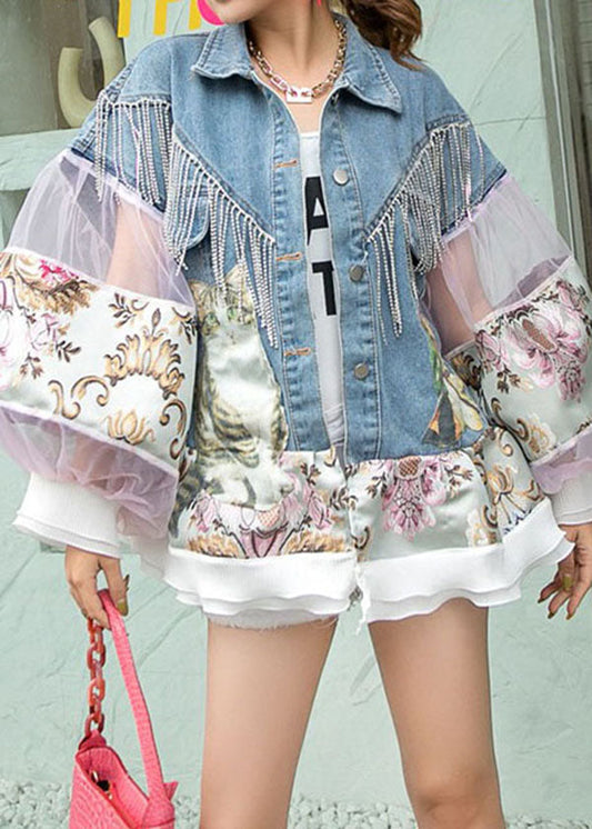 DIY Blue Tasseled Tulle Print Patchwork Denim Coat Lantern Sleeve LY5253 - fabuloryshop