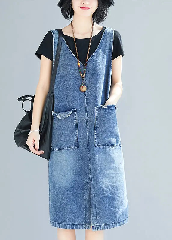 DIY Blue V Neck Pockets Side Open Denim Strap Dresses Summer Ada Fashion