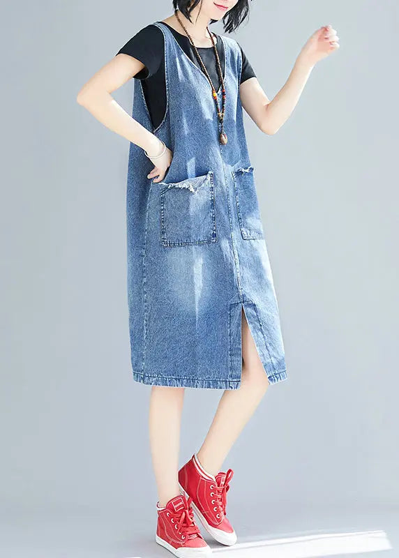 DIY Blue V Neck Pockets Side Open Denim Strap Dresses Summer Ada Fashion