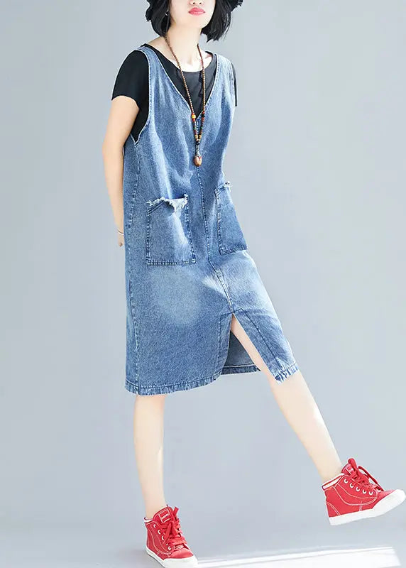 DIY Blue V Neck Pockets Side Open Denim Strap Dresses Summer Ada Fashion