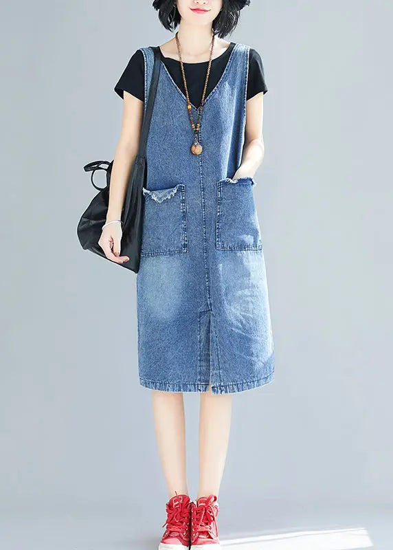 DIY Blue V Neck Pockets Side Open Denim Strap Dresses Summer Ada Fashion