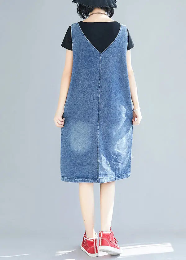 DIY Blue V Neck Pockets Side Open Denim Strap Dresses Summer Ada Fashion