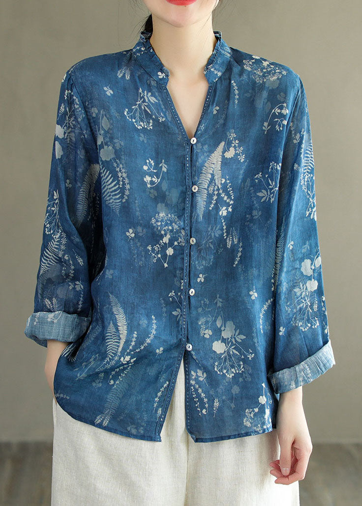 DIY Blue V Neck Ruffled Print Patchwork Linen Shirt Tops Spring LY6222 - fabuloryshop