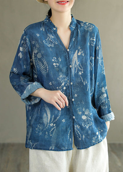 DIY Blue V Neck Ruffled Print Patchwork Linen Shirt Tops Spring LY6222 - fabuloryshop