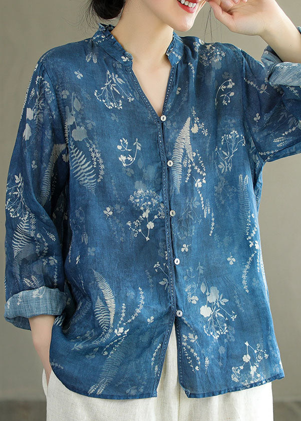 DIY Blue V Neck Ruffled Print Patchwork Linen Shirt Tops Spring LY6222 - fabuloryshop