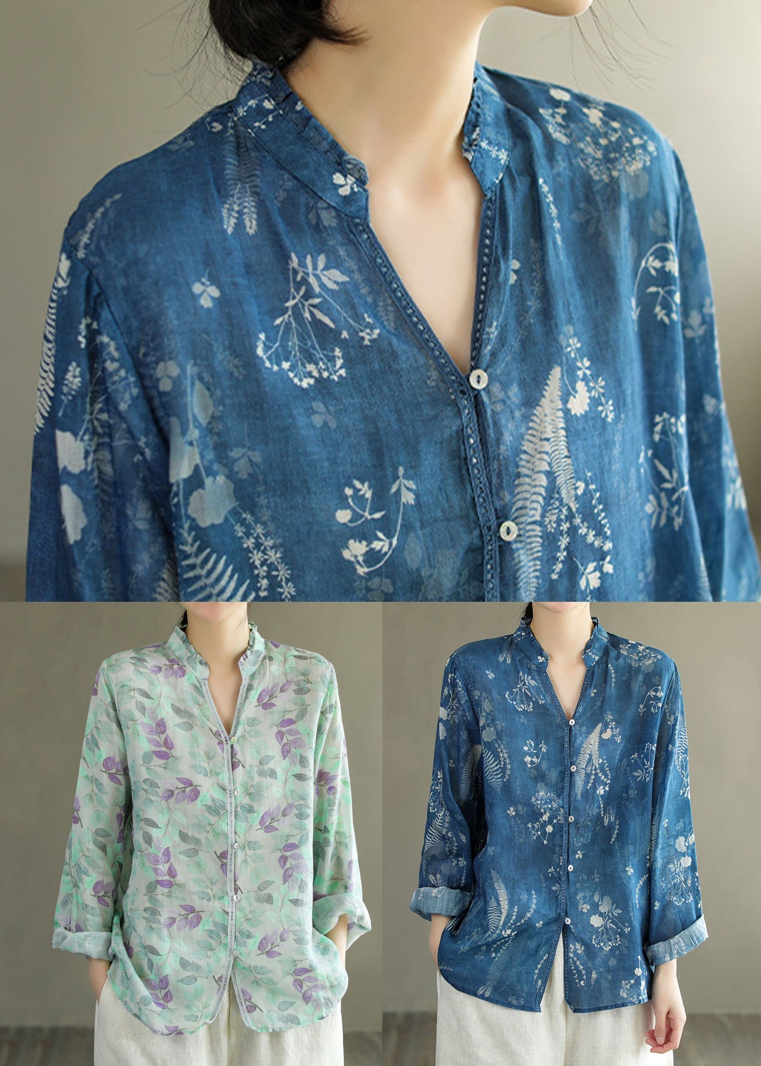 DIY Blue V Neck Ruffled Print Patchwork Linen Shirt Tops Spring LY6222 - fabuloryshop