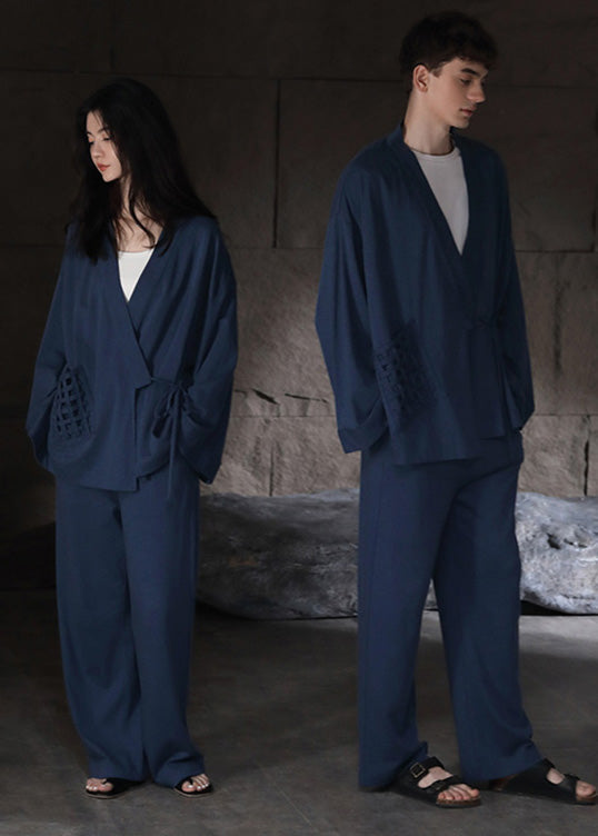 DIY Blue V Neck Tie Waist Cotton Pajamas Two Pieces Set Long Sleeve LY1897 - fabuloryshop