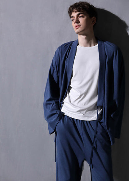 DIY Blue V Neck Tie Waist Cotton Pajamas Two Pieces Set Long Sleeve LY1897 - fabuloryshop