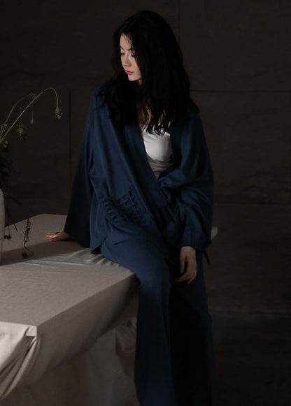 DIY Blue V Neck Tie Waist Cotton Pajamas Two Pieces Set Long Sleeve LY1897 - fabuloryshop