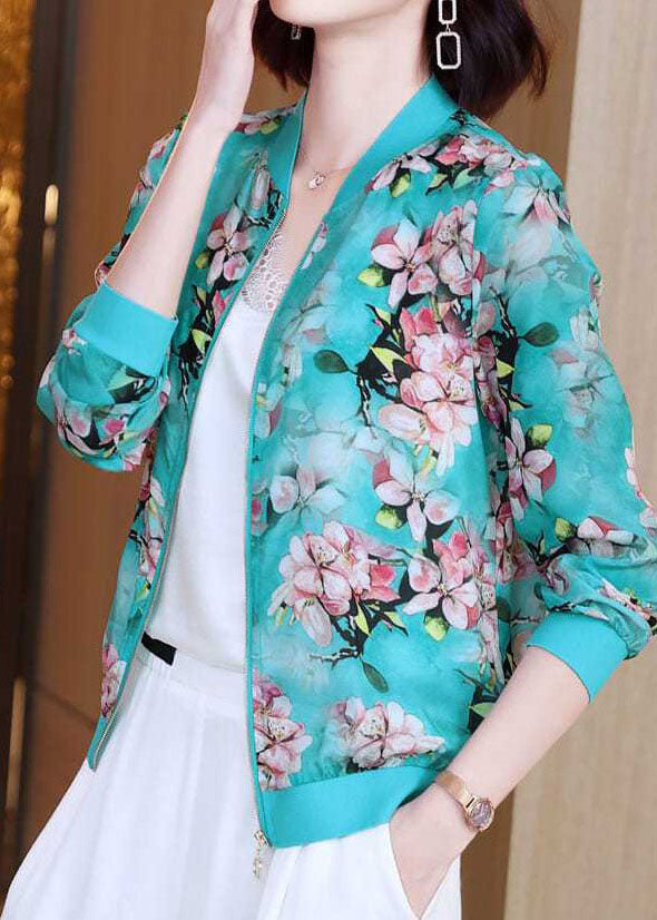 DIY Blue V Neck Zippered Print Patchwork Silk Jacket Summer  LY0354 - fabuloryshop