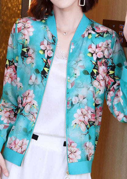 DIY Blue V Neck Zippered Print Patchwork Silk Jacket Summer  LY0354 - fabuloryshop