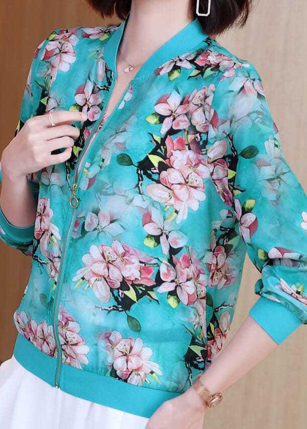 DIY Blue V Neck Zippered Print Patchwork Silk Jacket Summer  LY0354 - fabuloryshop