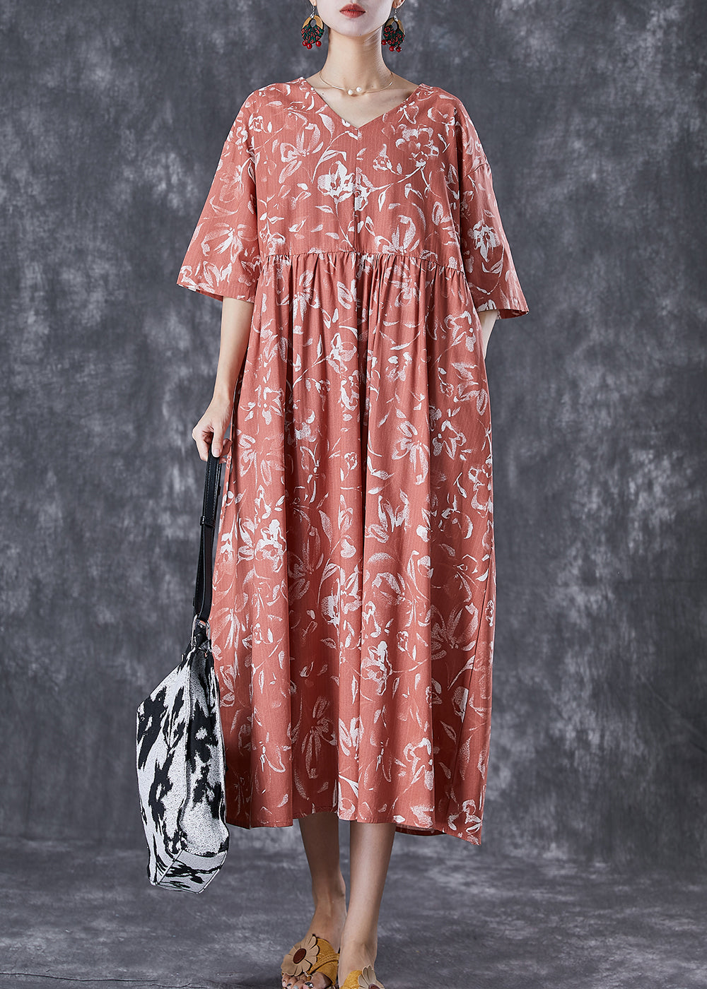 DIY Brick Red V Neck Print Linen Maxi Dress Summer TD1035 - fabuloryshop