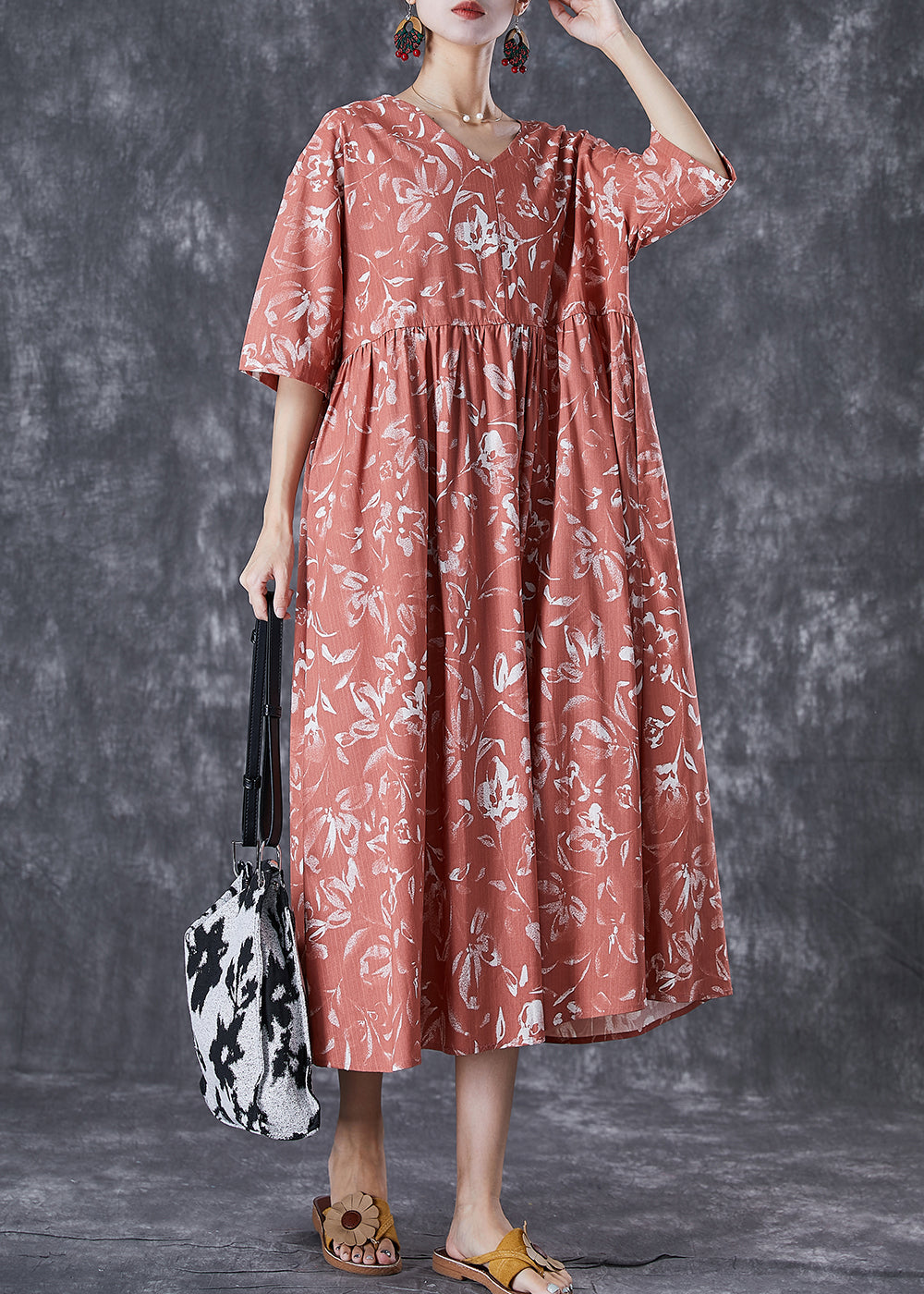 DIY Brick Red V Neck Print Linen Maxi Dress Summer TD1035 - fabuloryshop