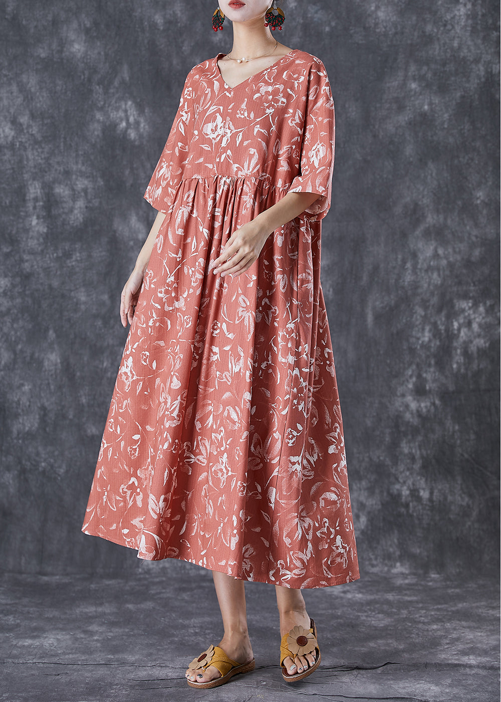 DIY Brick Red V Neck Print Linen Maxi Dress Summer TD1035 - fabuloryshop