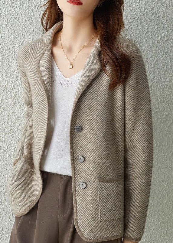 DIY Camel Notched Striped Patchwork Button Knit Coats Fall Ada Fashion