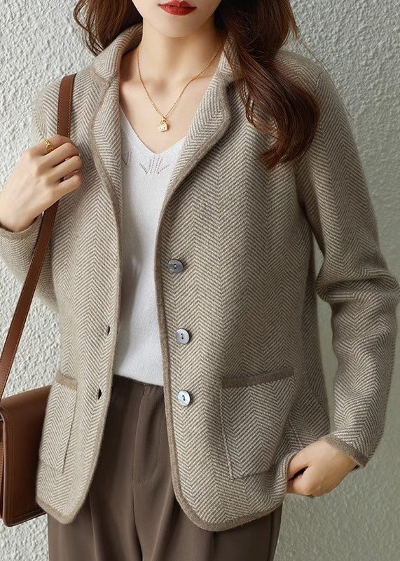 DIY Camel Notched Striped Patchwork Button Knit Coats Fall Ada Fashion