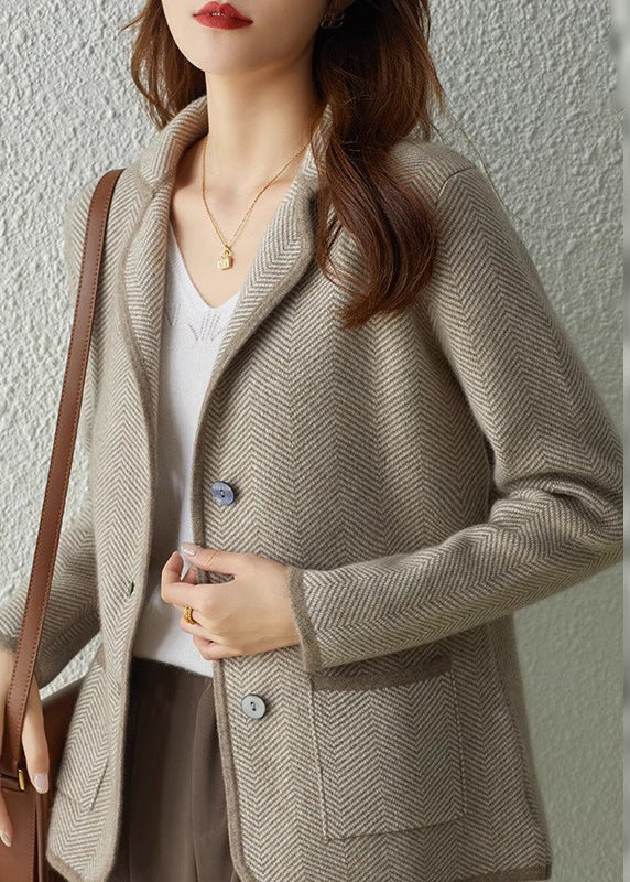 DIY Camel Notched Striped Patchwork Button Knit Coats Fall Ada Fashion