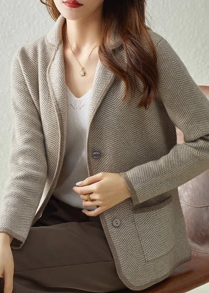 DIY Camel Notched Striped Patchwork Button Knit Coats Fall Ada Fashion