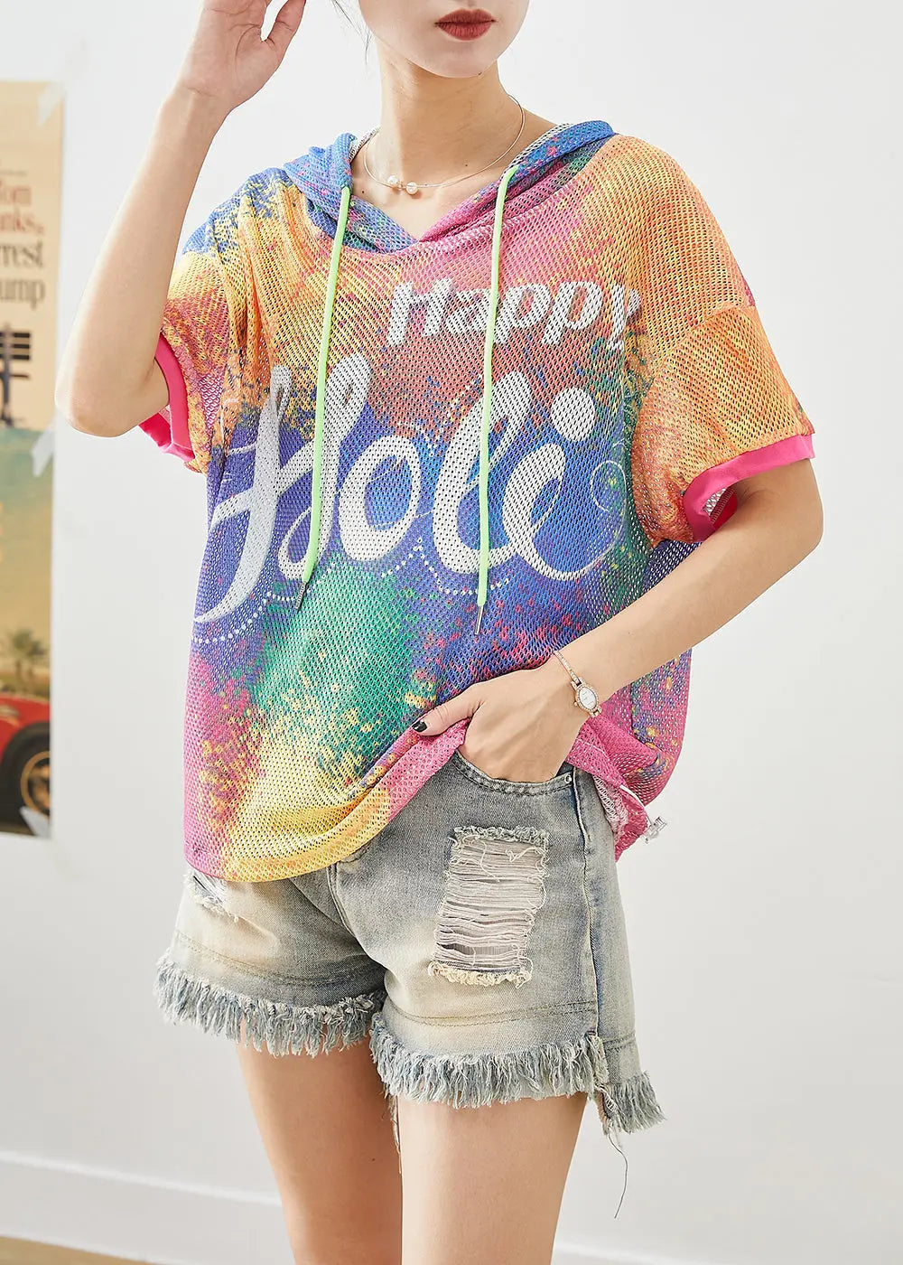 DIY Chromatic Hooded Tie Dye Tulle Loose Sweatshirts Top Summer Ada Fashion