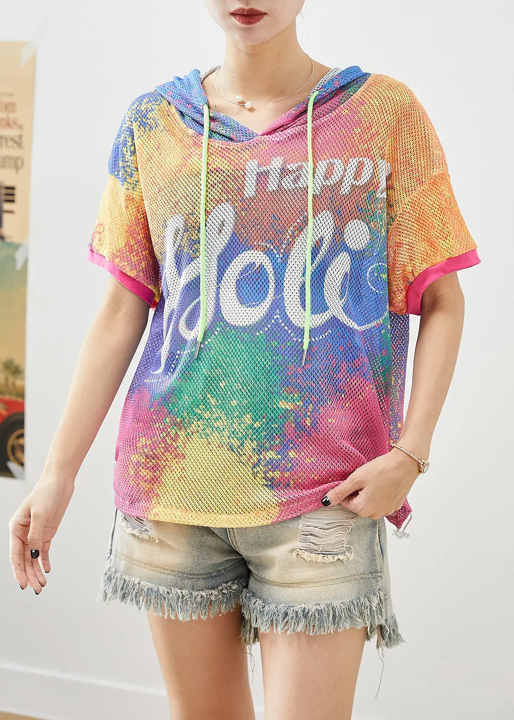 DIY Chromatic Hooded Tie Dye Tulle Loose Sweatshirts Top Summer Ada Fashion