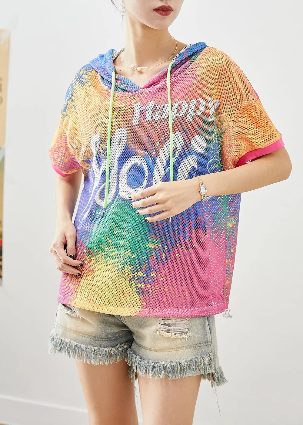 DIY Chromatic Hooded Tie Dye Tulle Loose Sweatshirts Top Summer Ada Fashion