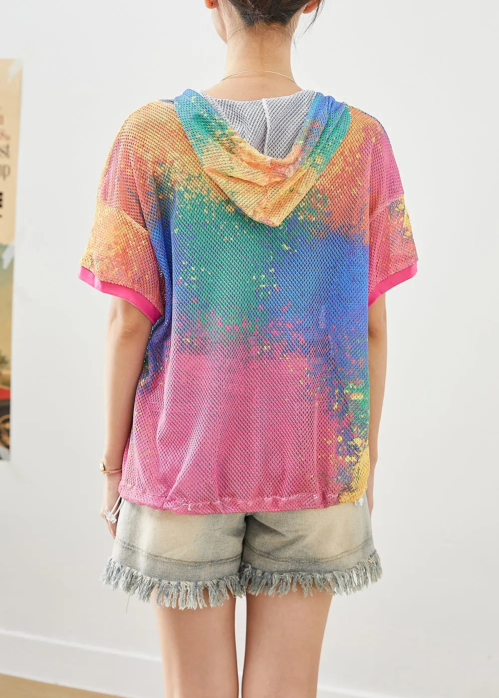 DIY Chromatic Hooded Tie Dye Tulle Loose Sweatshirts Top Summer Ada Fashion