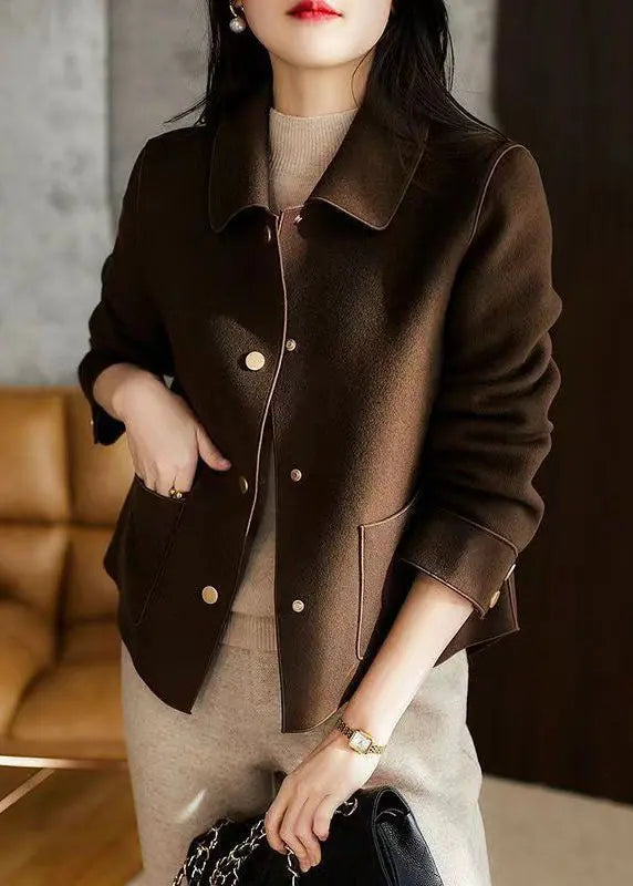 DIY Coffee Peter Pan Collar Pockets Patchwork Woolen Jackets Fall Ada Fashion