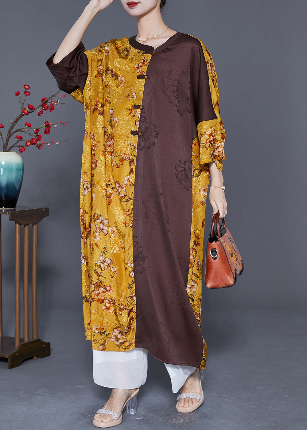 DIY Colorblock Oversized Patchwork Chinese Button Silk Long Dress Summer LY5571 - fabuloryshop