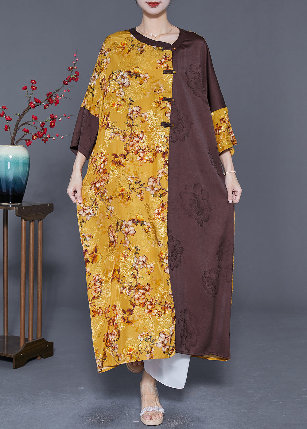 DIY Colorblock Oversized Patchwork Chinese Button Silk Long Dress Summer LY5571 - fabuloryshop