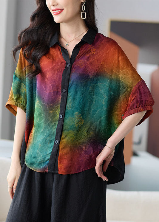 DIY Colorblock Peter Pan Collar Button Patchwork Silk Shirts Summer TF1048 - fabuloryshop