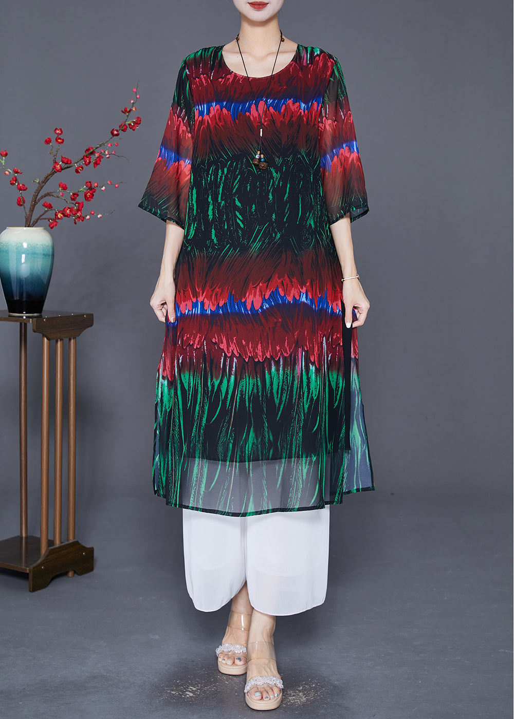DIY Colorblock Print Side Open Chiffon Long Dress Half Sleeve LY7672