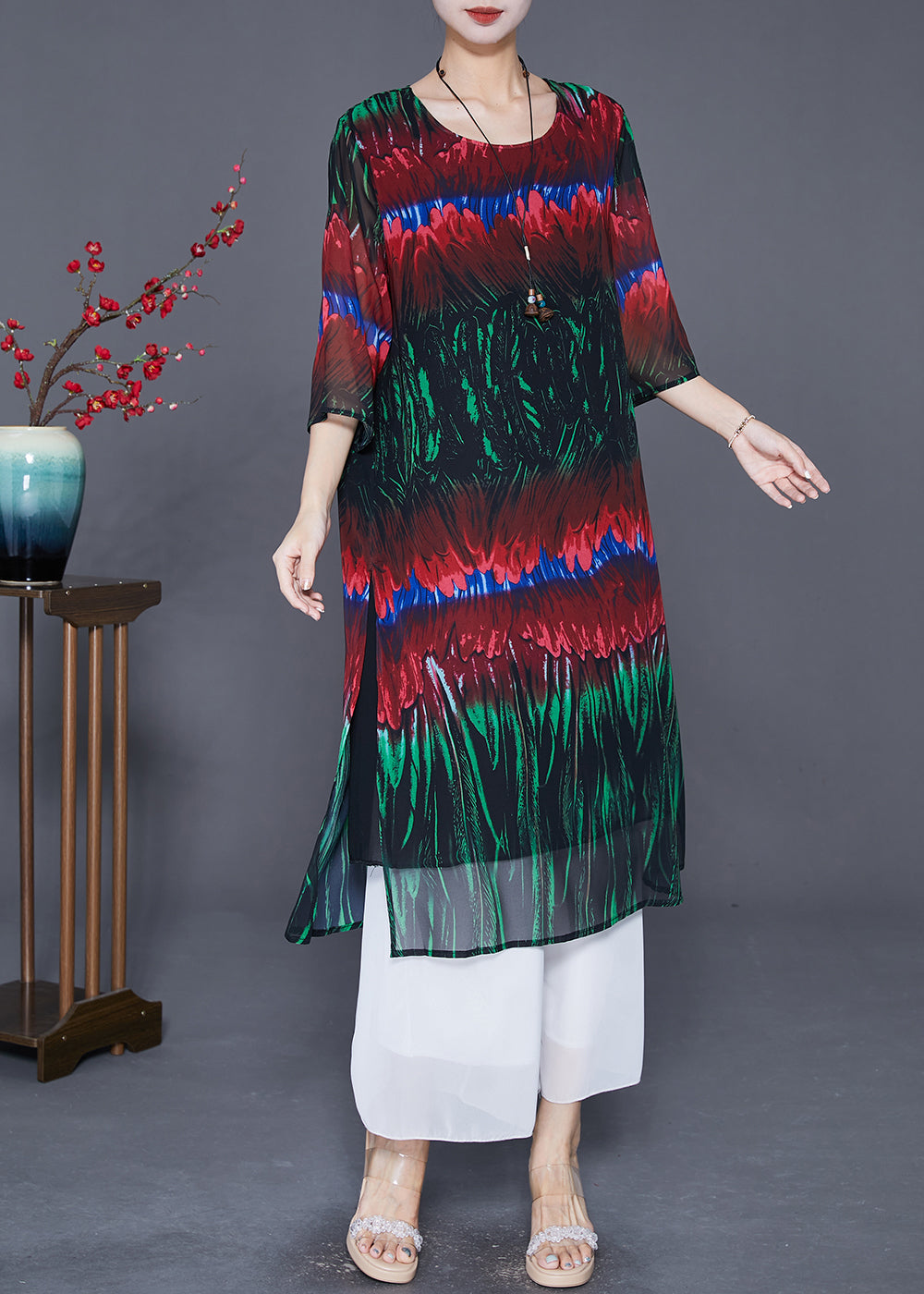 DIY Colorblock Print Side Open Chiffon Long Dress Half Sleeve LY7672