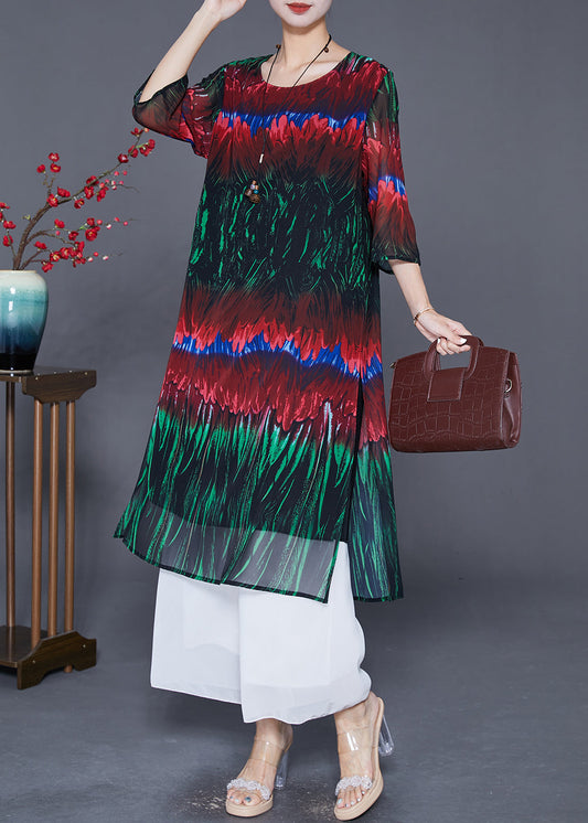 DIY Colorblock Print Side Open Chiffon Long Dress Half Sleeve LY7672