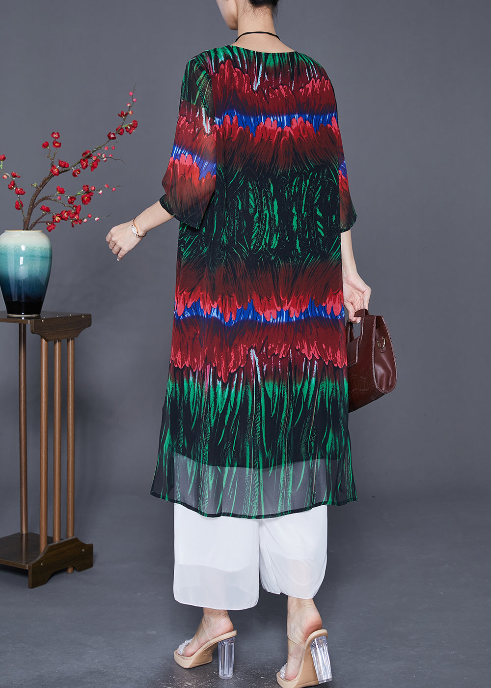 DIY Colorblock Print Side Open Chiffon Long Dress Half Sleeve LY7672