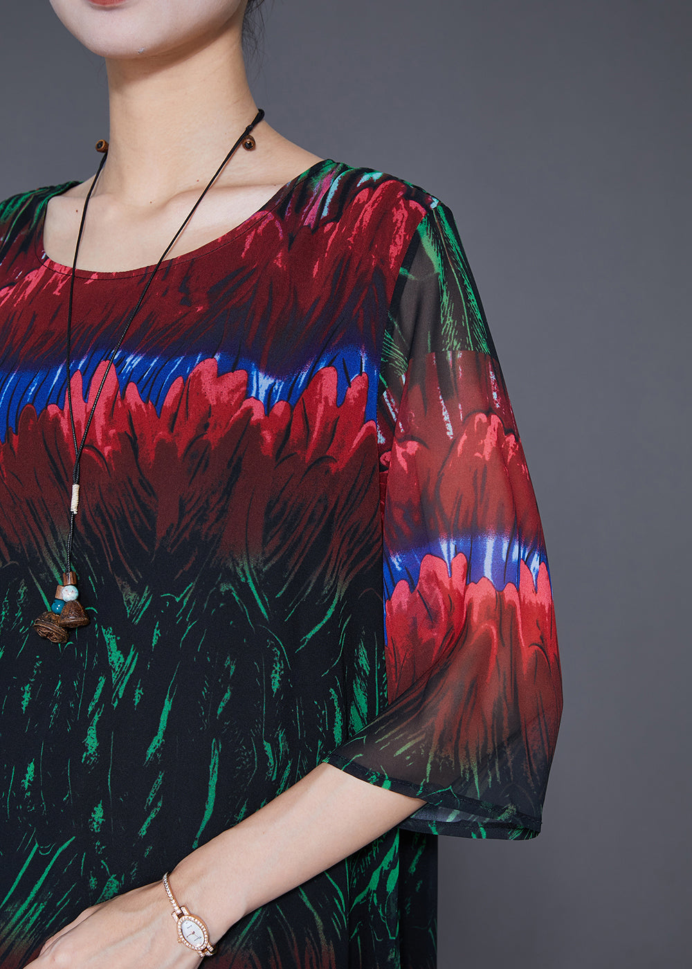 DIY Colorblock Print Side Open Chiffon Long Dress Half Sleeve LY7672