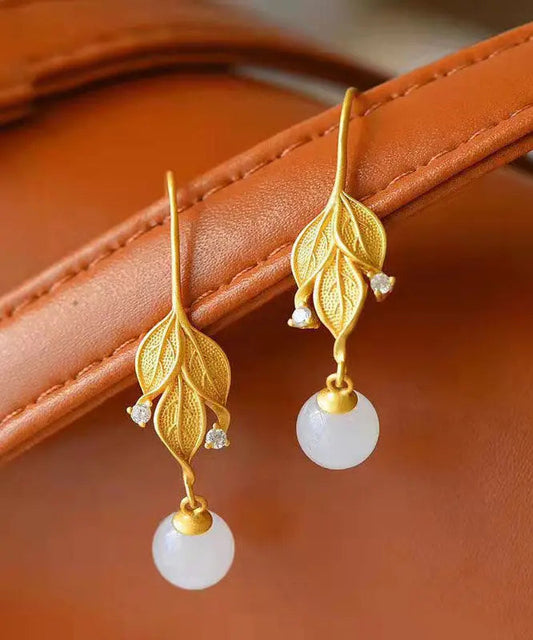 DIY Gold Sterling Silver Overgild Jade Leaf Drop Earrings Ada Fashion