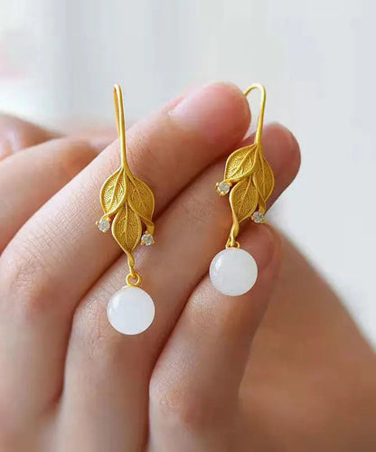 DIY Gold Sterling Silver Overgild Jade Leaf Drop Earrings Ada Fashion