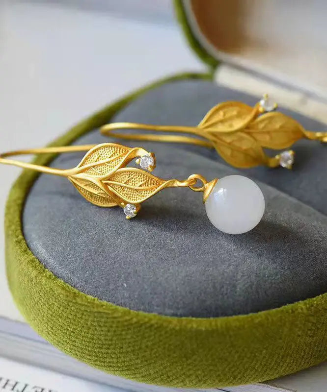 DIY Gold Sterling Silver Overgild Jade Leaf Drop Earrings Ada Fashion