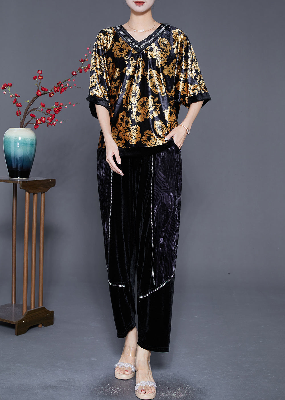 DIY Golden Floral Oversized Zircon Silk Velour Two Pieces Set Summer Ada Fashion