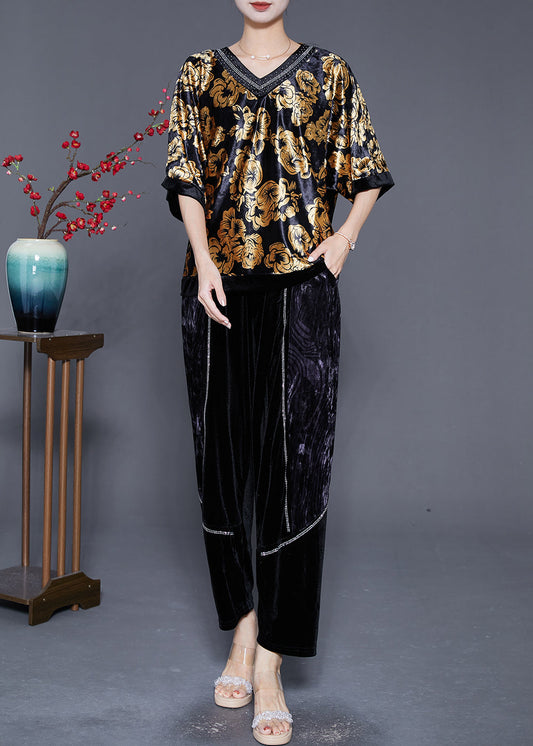 DIY Golden Floral Oversized Zircon Silk Velour Two Pieces Set Summer Ada Fashion