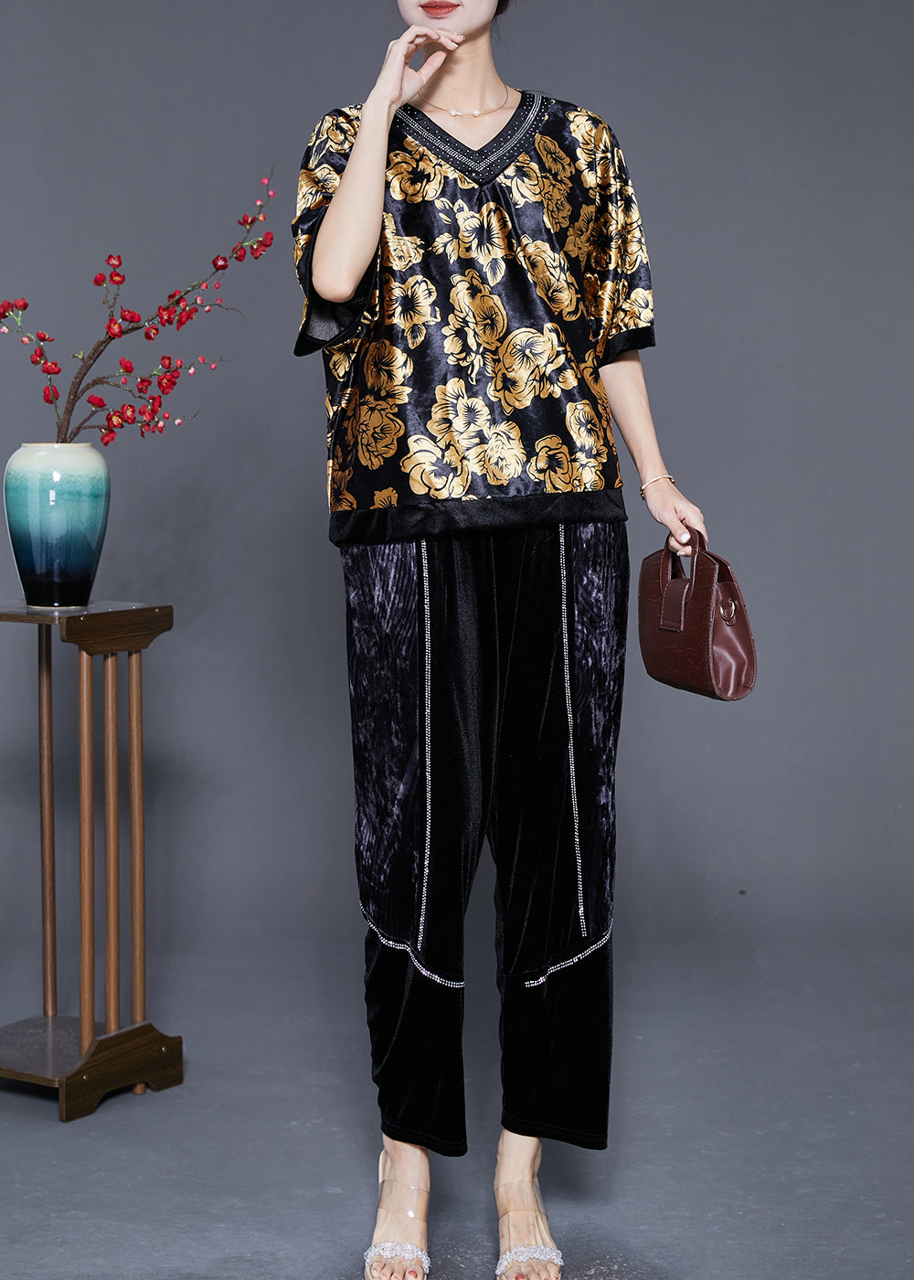 DIY Golden Floral Oversized Zircon Silk Velour Two Pieces Set Summer Ada Fashion
