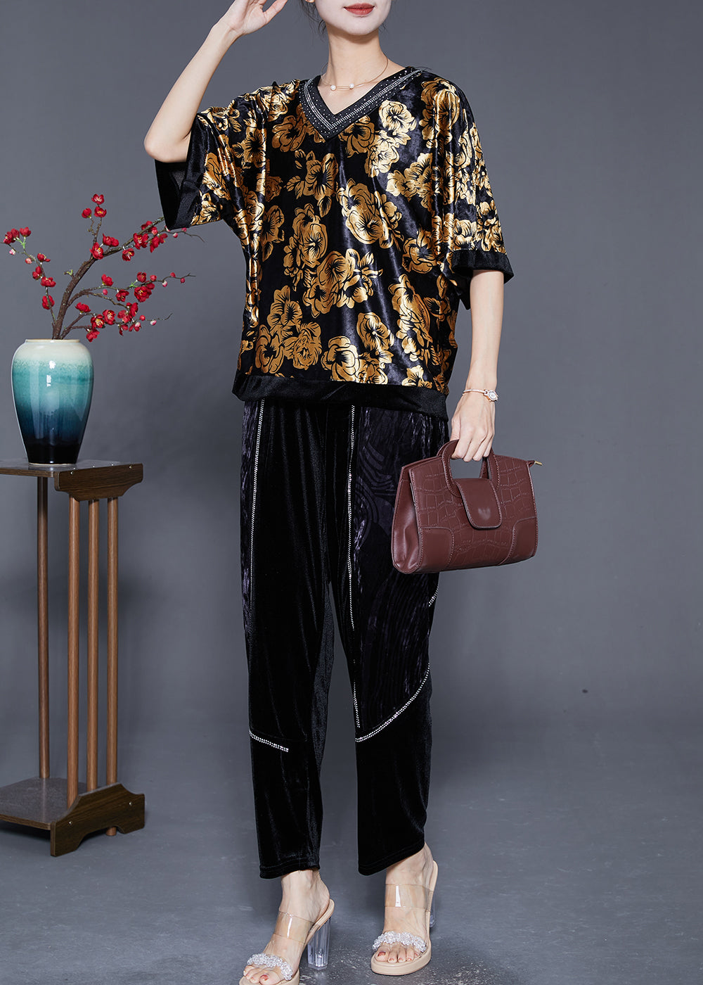DIY Golden Floral Oversized Zircon Silk Velour Two Pieces Set Summer Ada Fashion