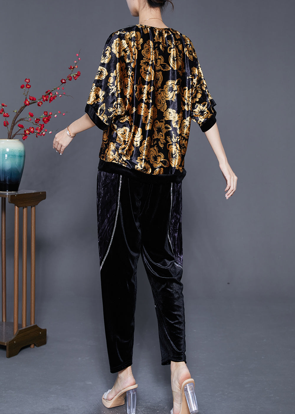 DIY Golden Floral Oversized Zircon Silk Velour Two Pieces Set Summer Ada Fashion
