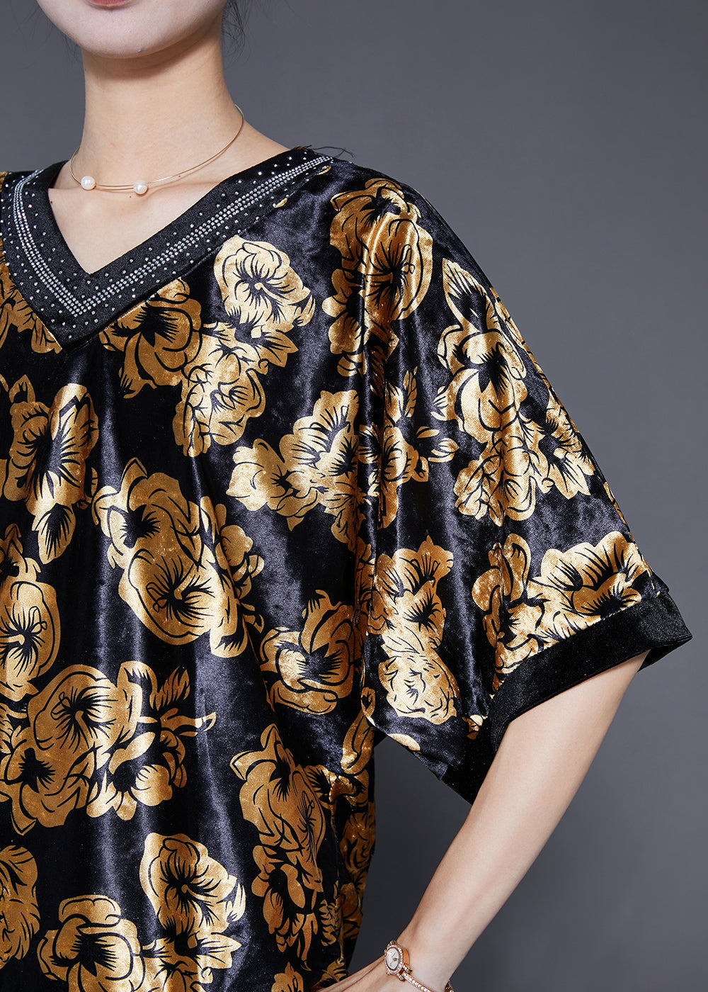 DIY Golden Floral Oversized Zircon Silk Velour Two Pieces Set Summer Ada Fashion