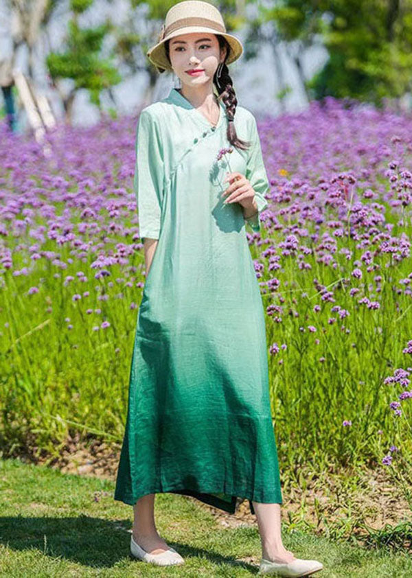 DIY Green Gradient Button Patchwork Linen Dresses Bracelet Sleeve LY2522 - fabuloryshop