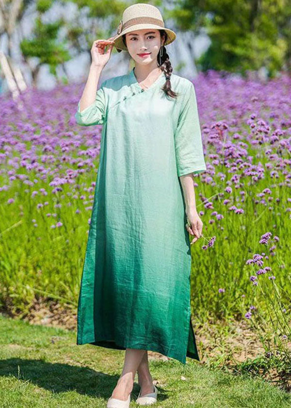 DIY Green Gradient Button Patchwork Linen Dresses Bracelet Sleeve LY2522 - fabuloryshop