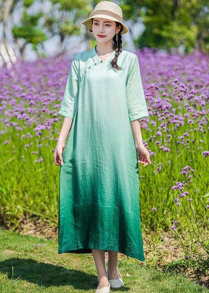 DIY Green Gradient Button Patchwork Linen Dresses Bracelet Sleeve LY2522 - fabuloryshop