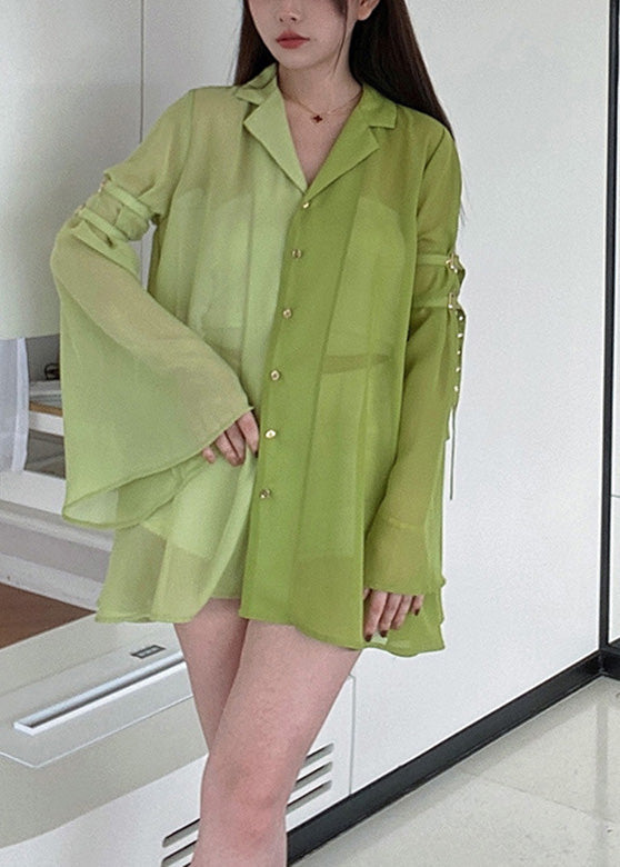 DIY Green Notched Patchwork Chiffon Shirt Spring LY0792 - fabuloryshop